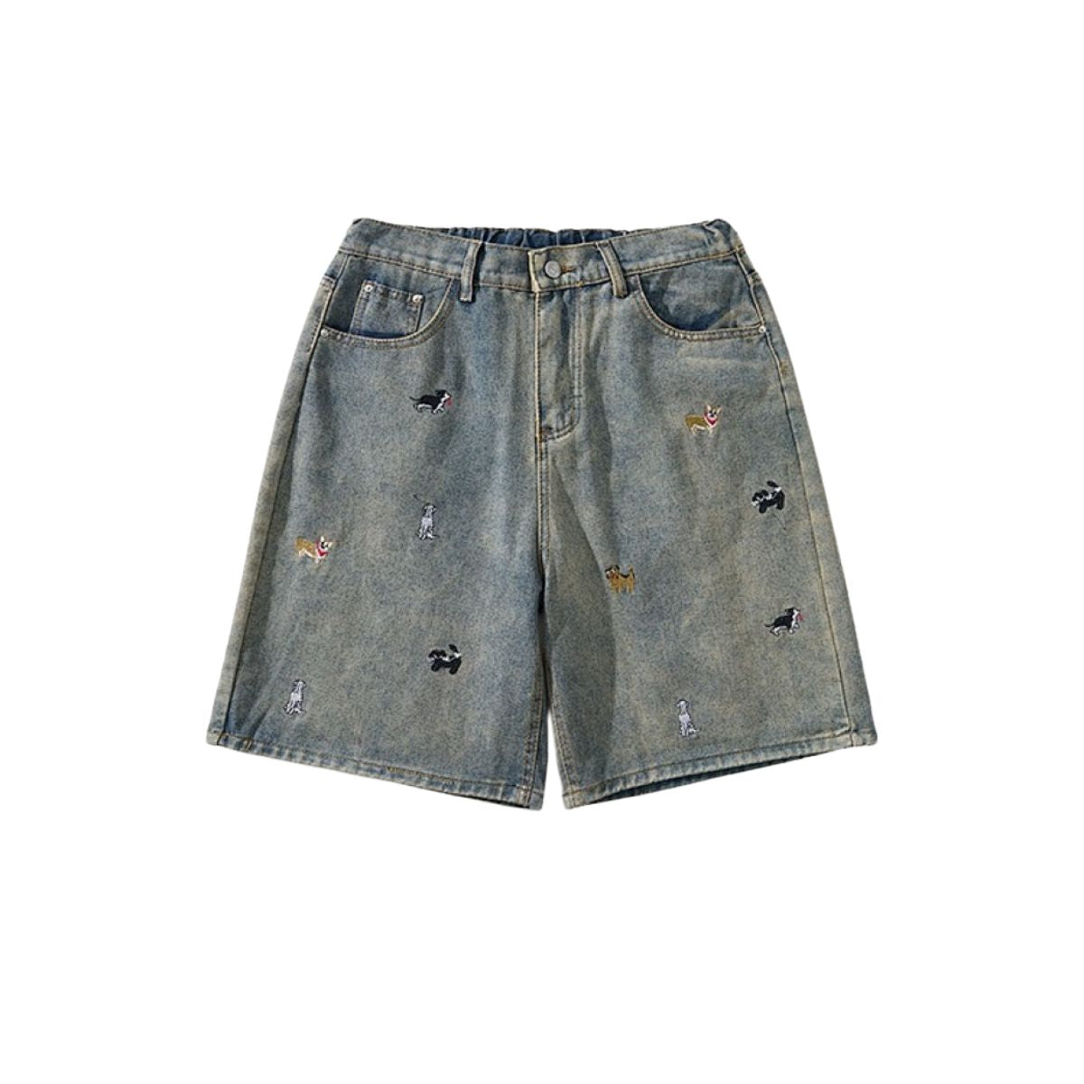 Dog Embroidery Loose Fit Denim Shorts