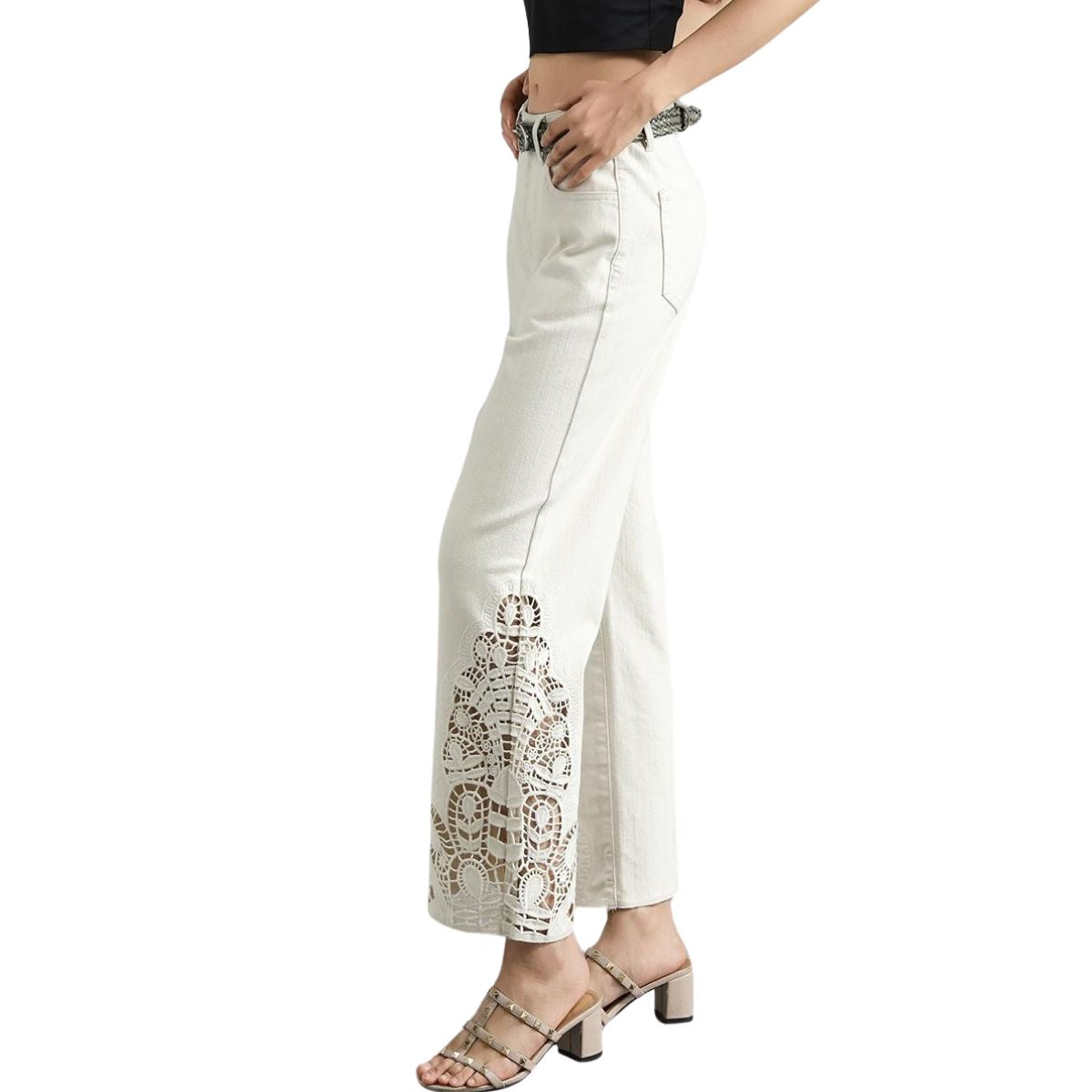 Risen Jeans Wide Leg Embroidered Cut-Out Ankle Jeans