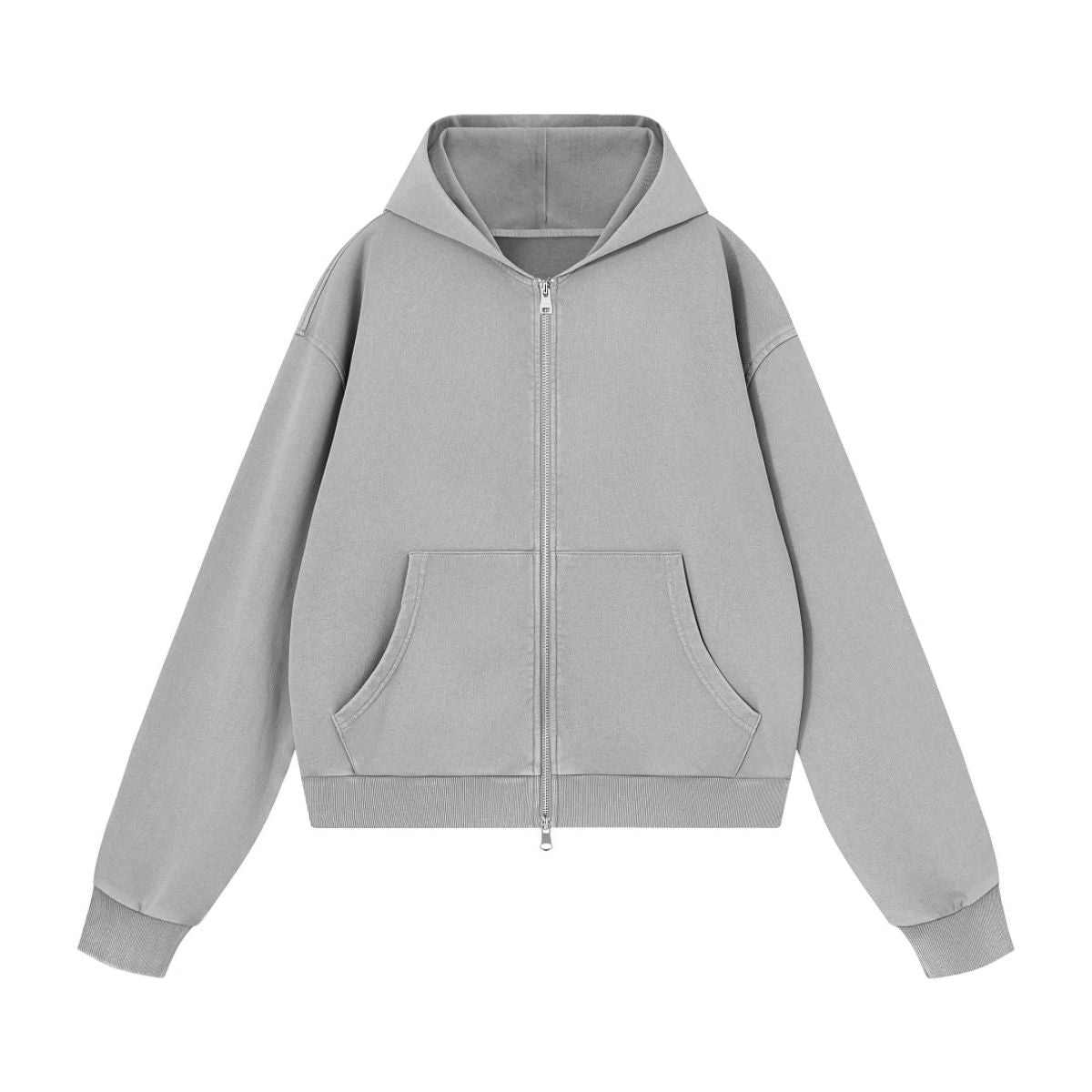 French Terry Washed Distressed Double‑Zip Hoodie