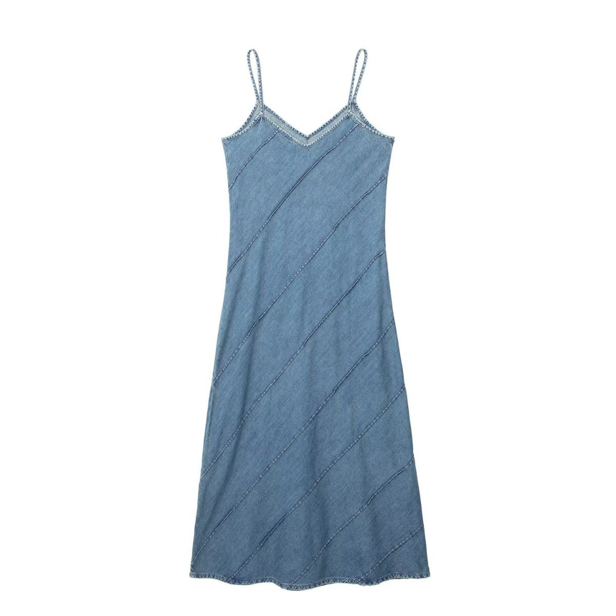 Diagonal Stitching Denim Spaghetti Strap Dress