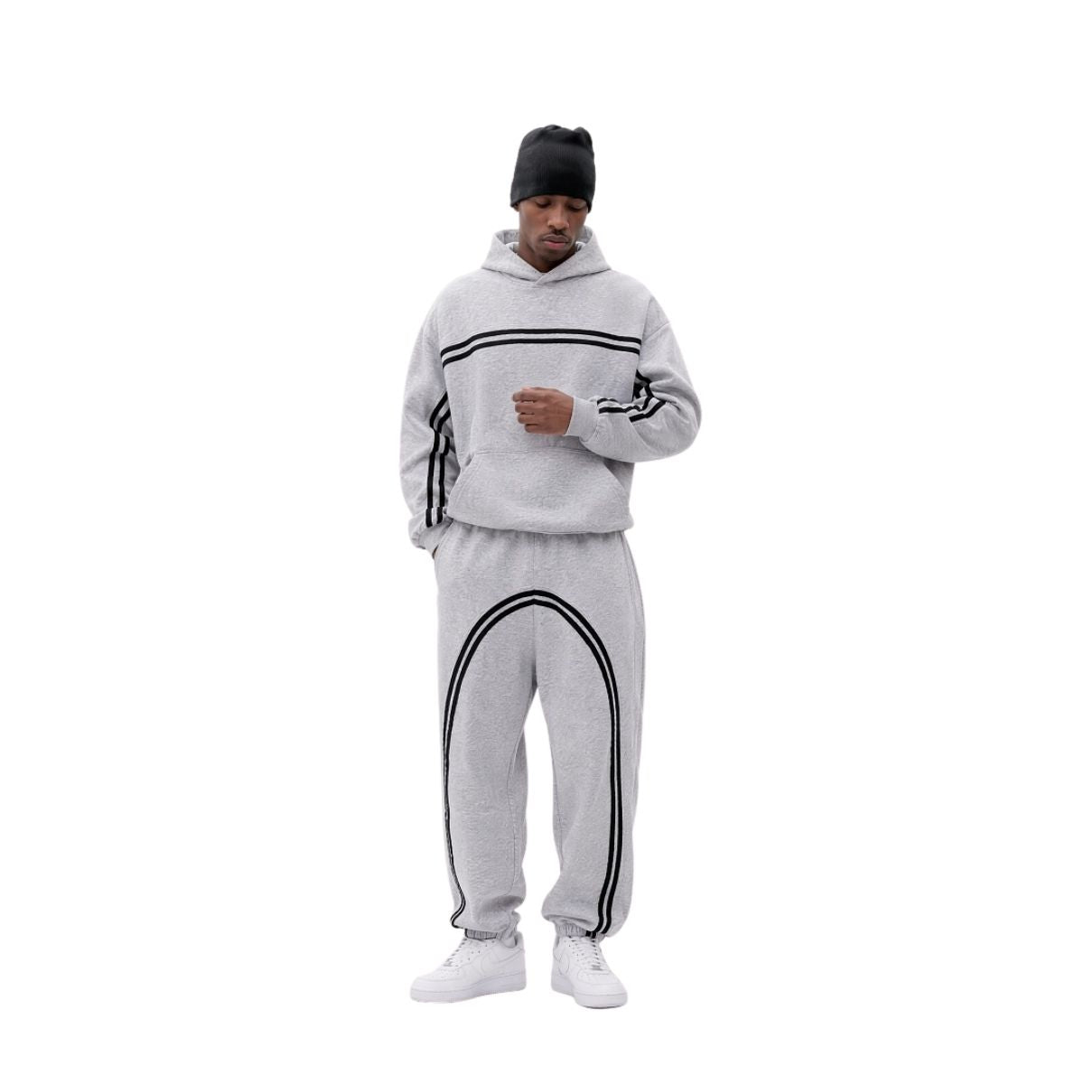 Color‑Contrast Webbing Fleece‑Lined Loose Jogger Pants