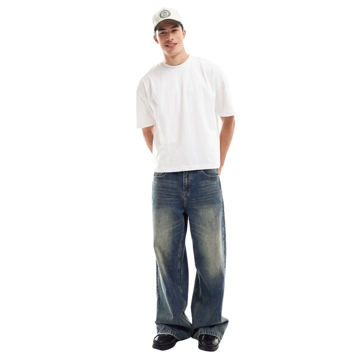 Vintage Gradient Washed Wide Leg Elastic Back Waist Jeans