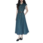 Cap Sleeve Belted Midi Denim Dress