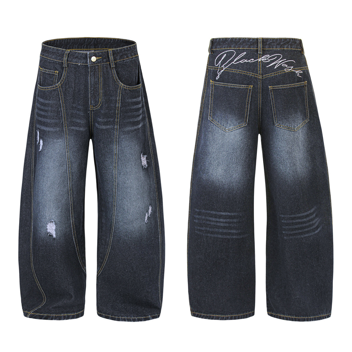 Dark Wash Embroidered Barrel-Leg Jeans
