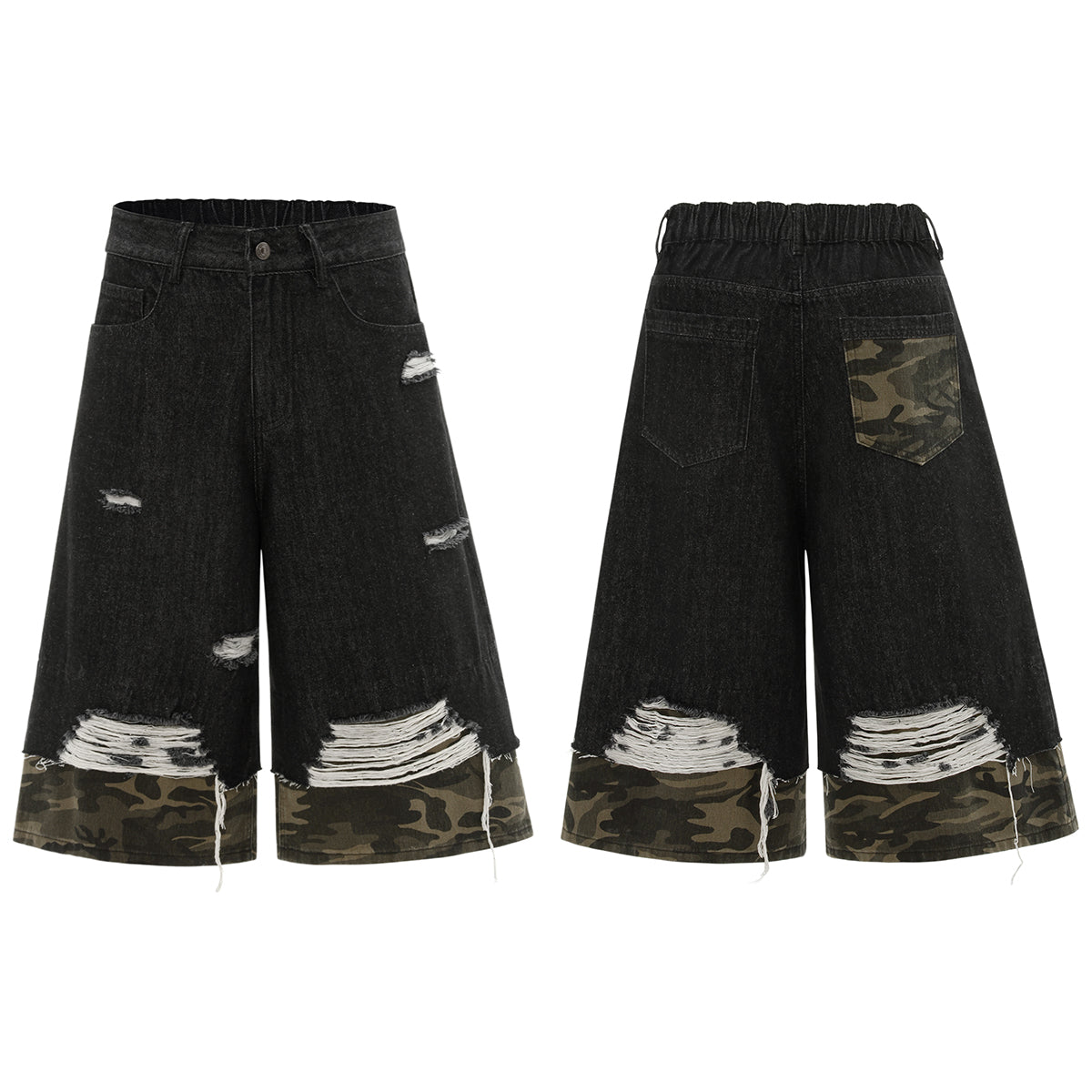 Camo Patchwork Denim Ripped Bermuda Shorts