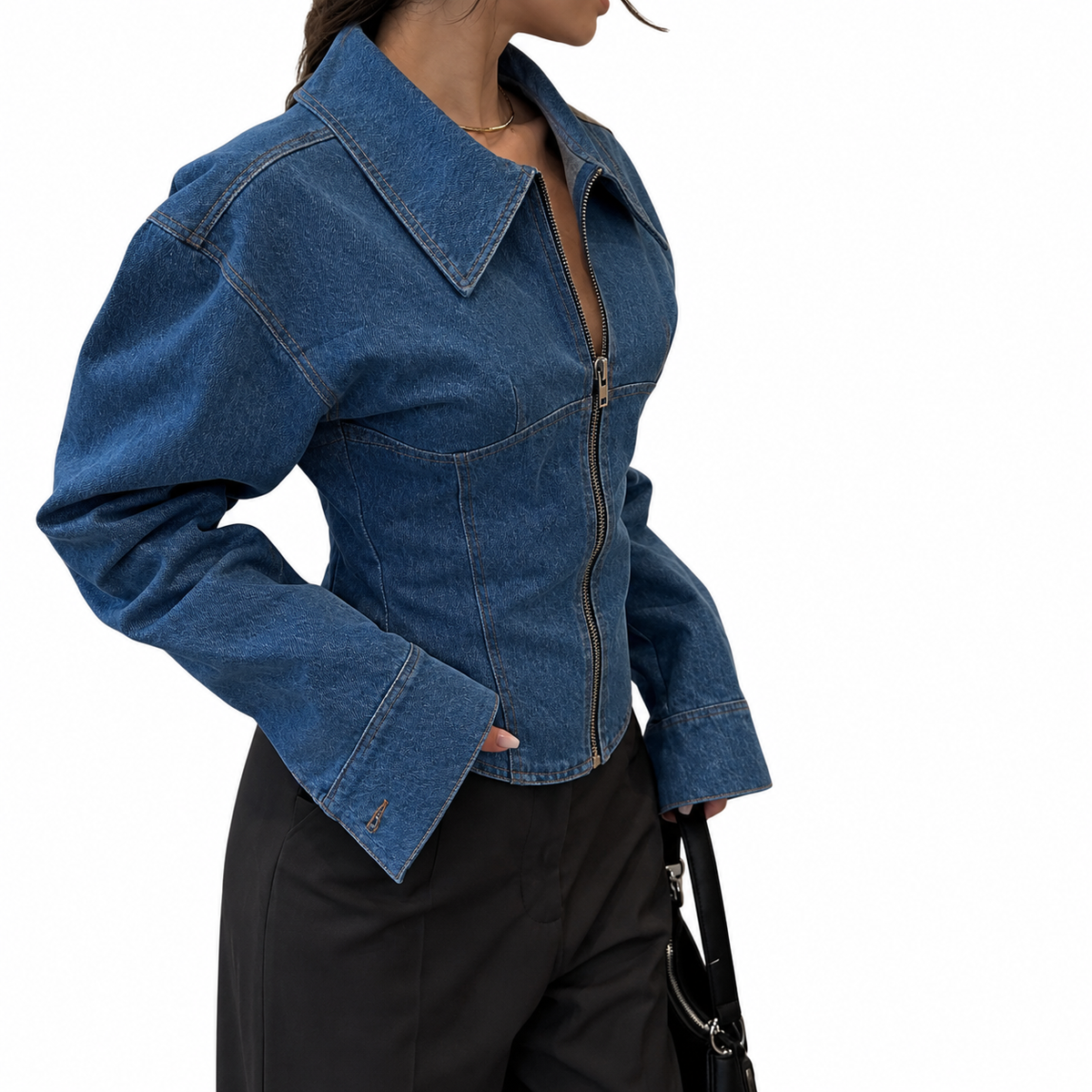 Women’s Fitted Denim Collar Corset Zip-Up Jacket