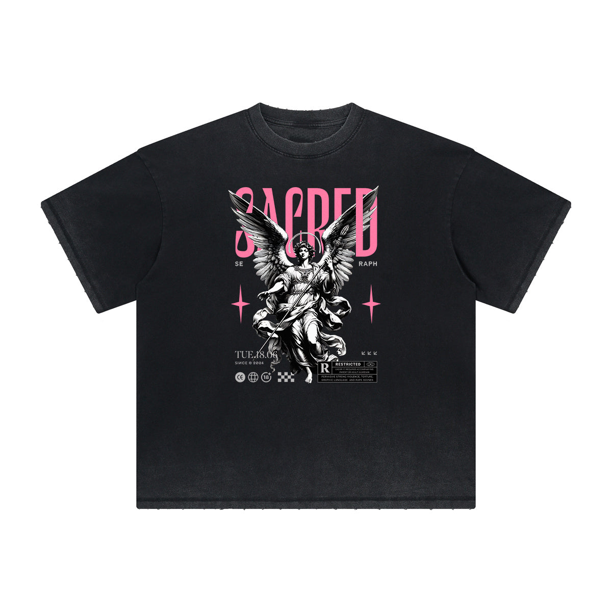 Washed Faded Thick Angel Pattern Tee-INNBLAC Fashion Apparel