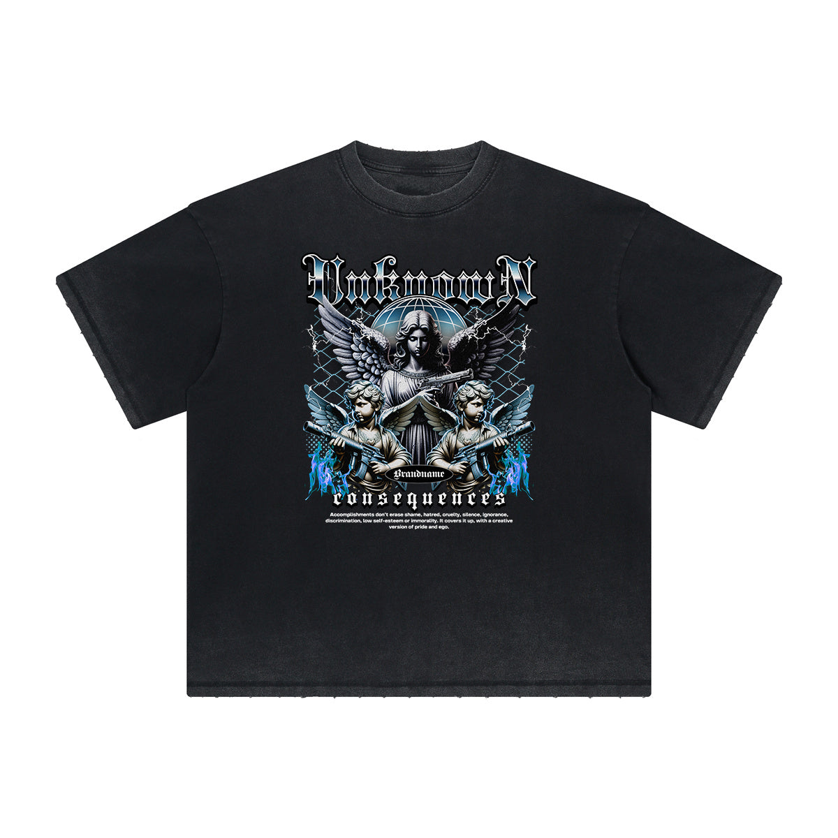 Washed Faded Thick Angel Pattern Tee-INNBLAC Fashion Apparel