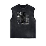 Sleeveless Frayed Edge Gangsta Pattern Tee-INNBLAC Fashion Apparel