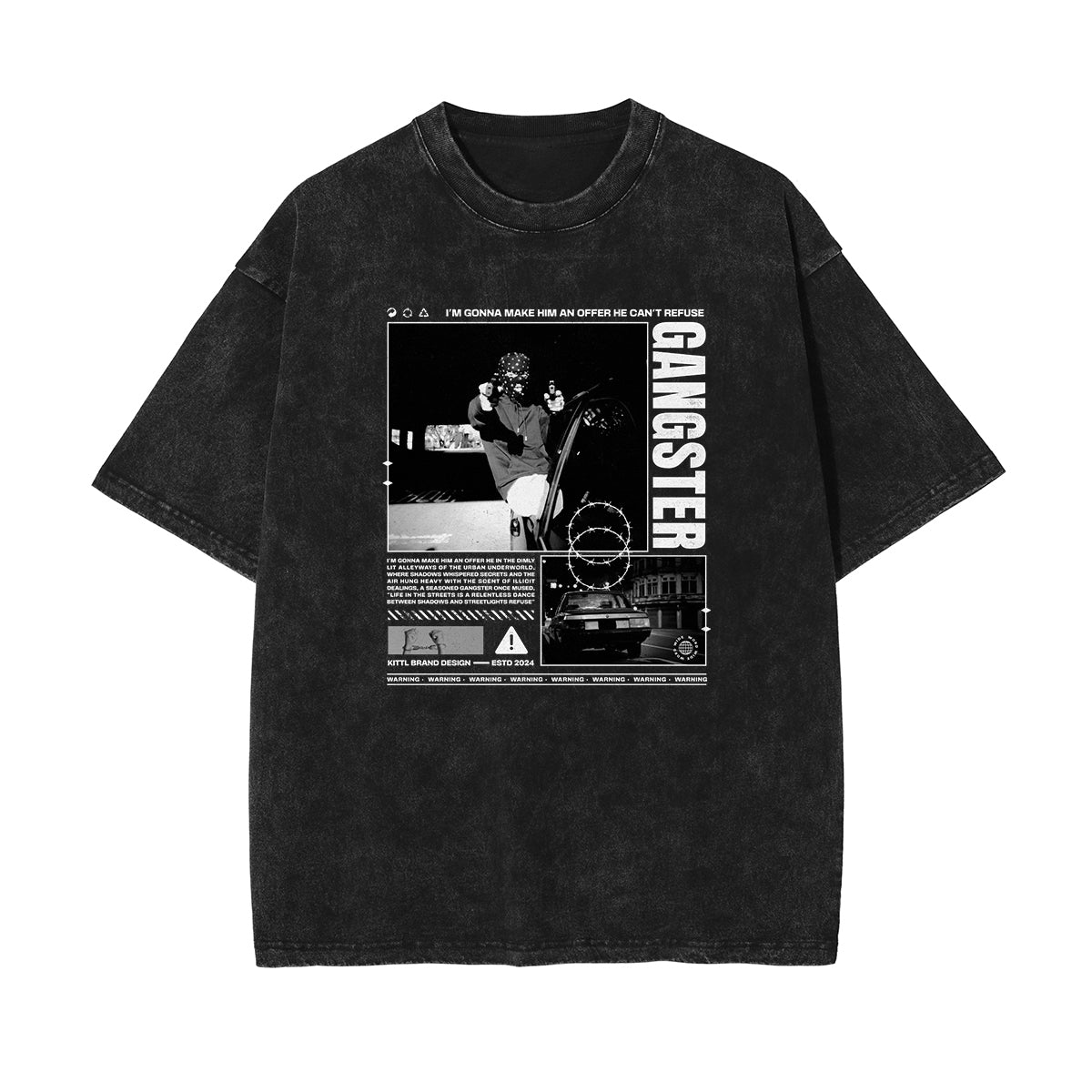 Vintage Washed Gangsta Pattern Tee-INNBLAC Fashion Apparel
