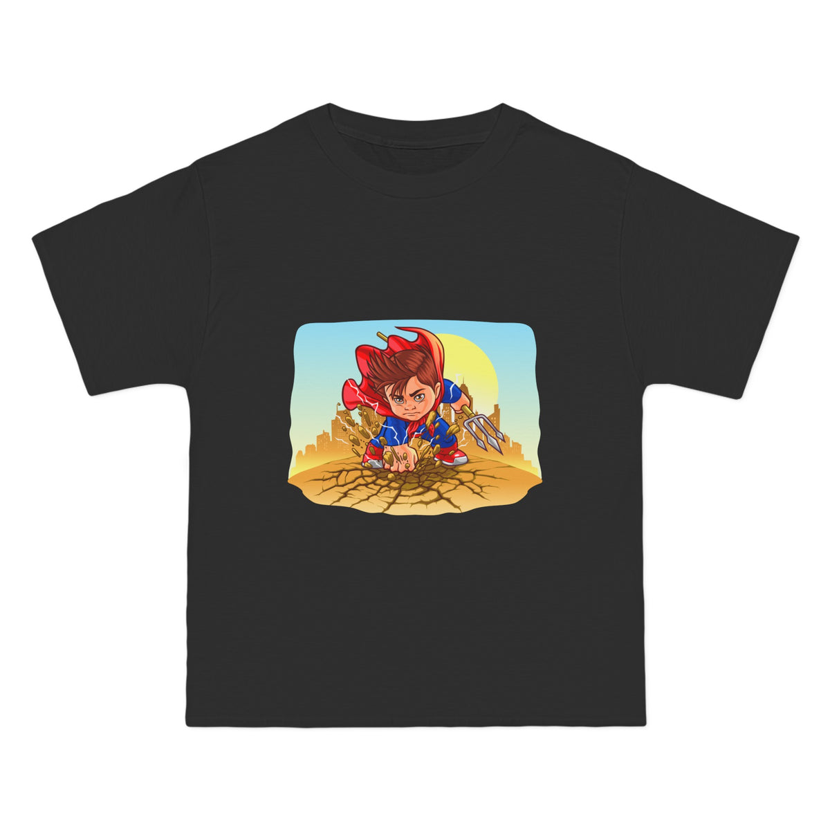 Cartoon Super Kid Holding Triden Graphic Tee-INNBLAC Fashion Apparel