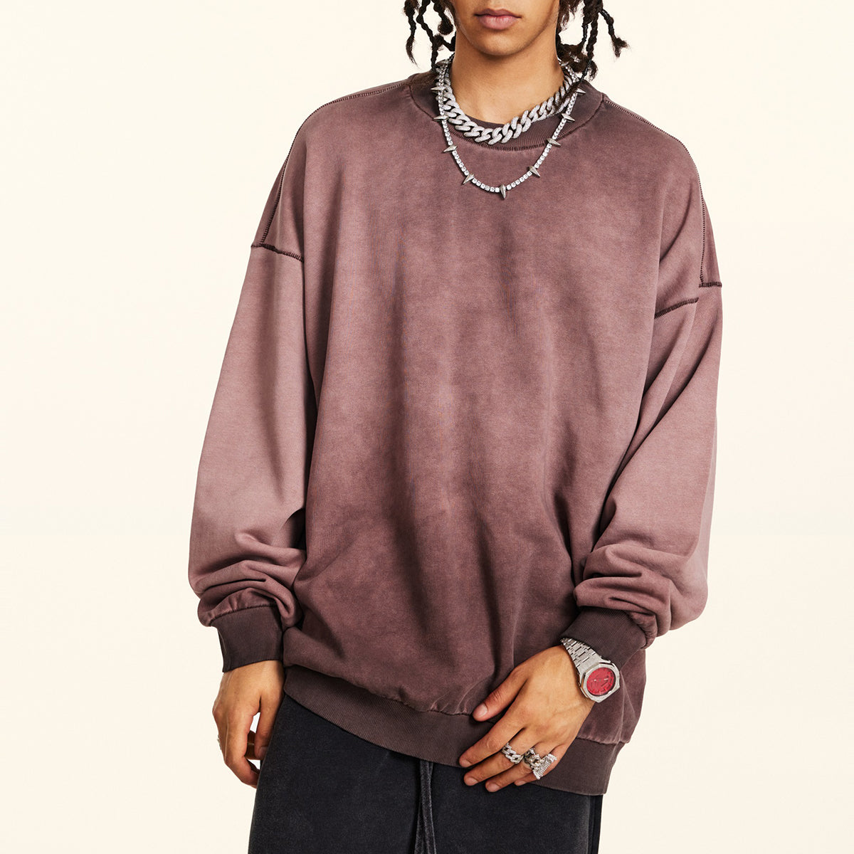 Crew Neck Faded Sweatshirt-INNBLAC Fashion Apparel