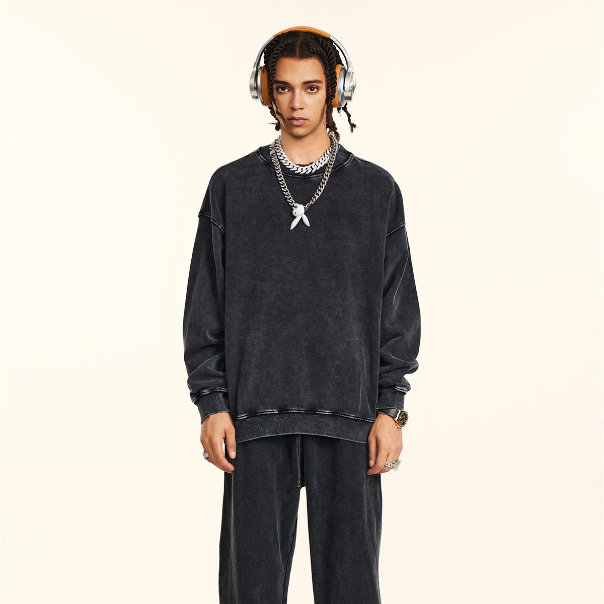 Crew Neck Faded Sweatshirt-INNBLAC Fashion Apparel