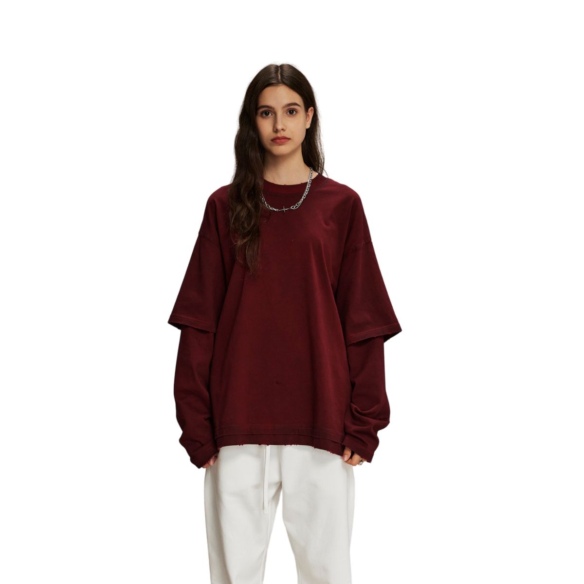 Women's Stone Wash Distressed Mock Two Piece Sweatshirt-INNBLAC Fashion Apparel