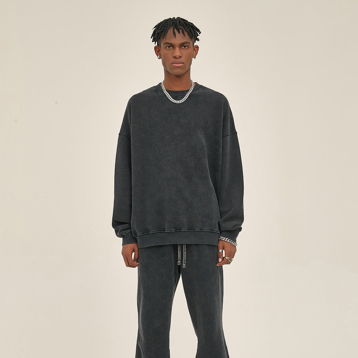 Washed Faded Crew Neck Sweatshirt-INNBLAC Fashion Apparel