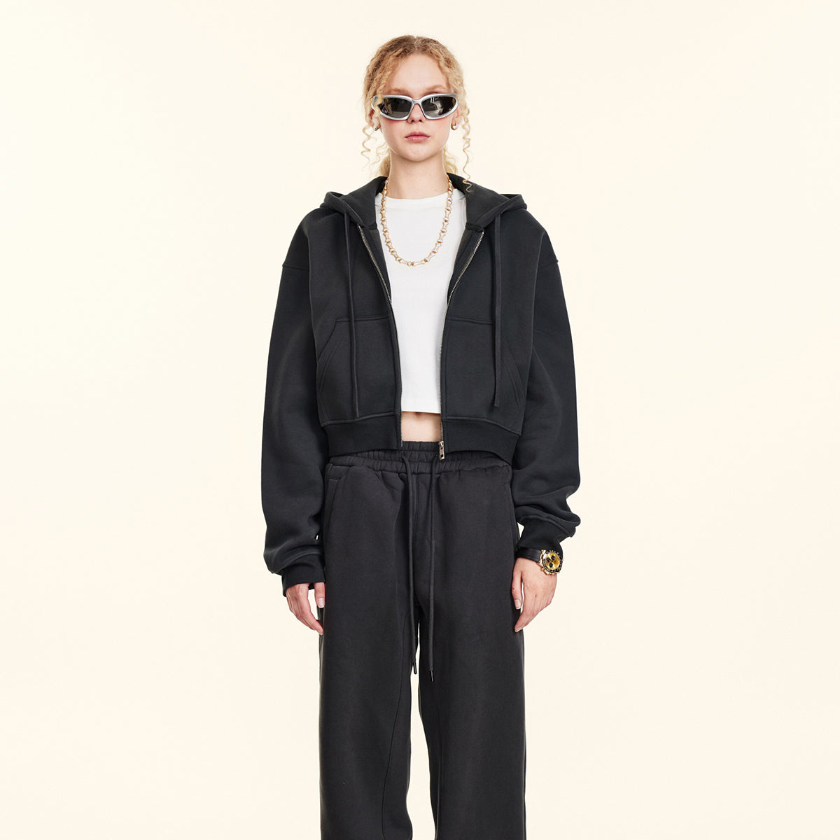 Cropped Zipped Up Hoodie-INNBLAC Fashion Apparel