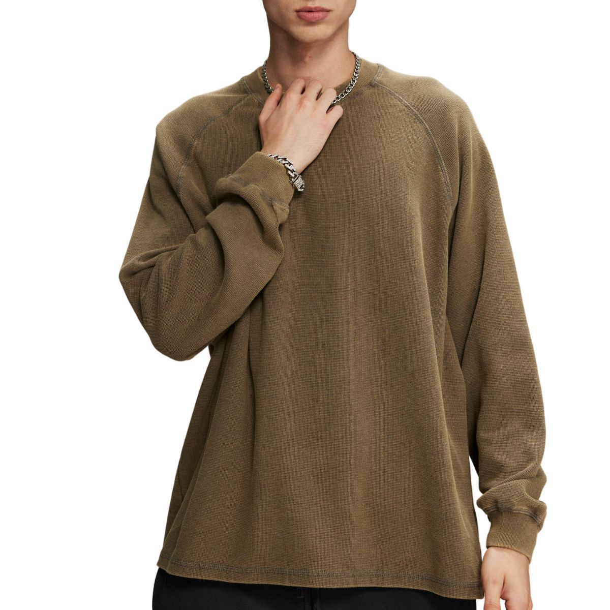 Heavyweight Waffle-knit Long Sleeve T Shirt-INNBLAC Fashion Apparel