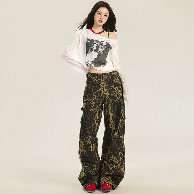 Leopard Printed Straight Leg Cargo Pants-INNBLAC Fashion Apparel