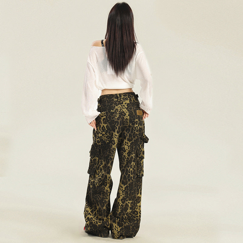 Leopard Printed Straight Leg Cargo Pants-INNBLAC Fashion Apparel