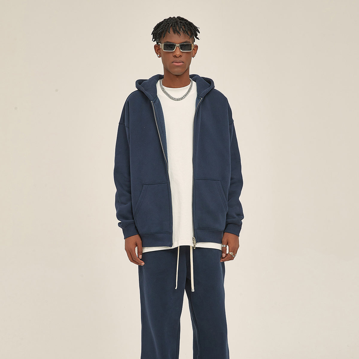 French Terry Double Slider Zip Hoodie-INNBLAC Fashion Apparel