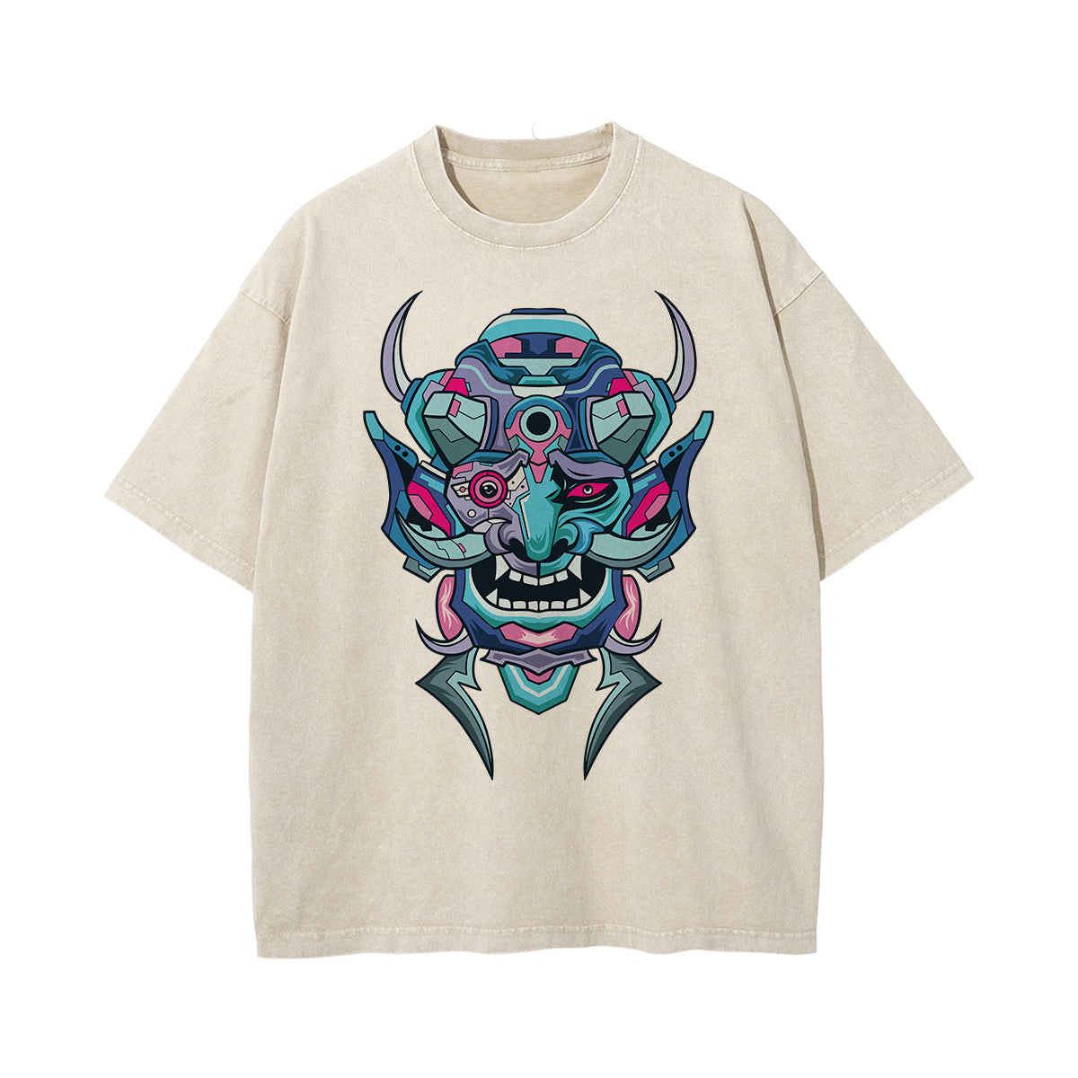 Oni Mask Mecha Graphic Washed Tee-INNBLAC Fashion Apparel