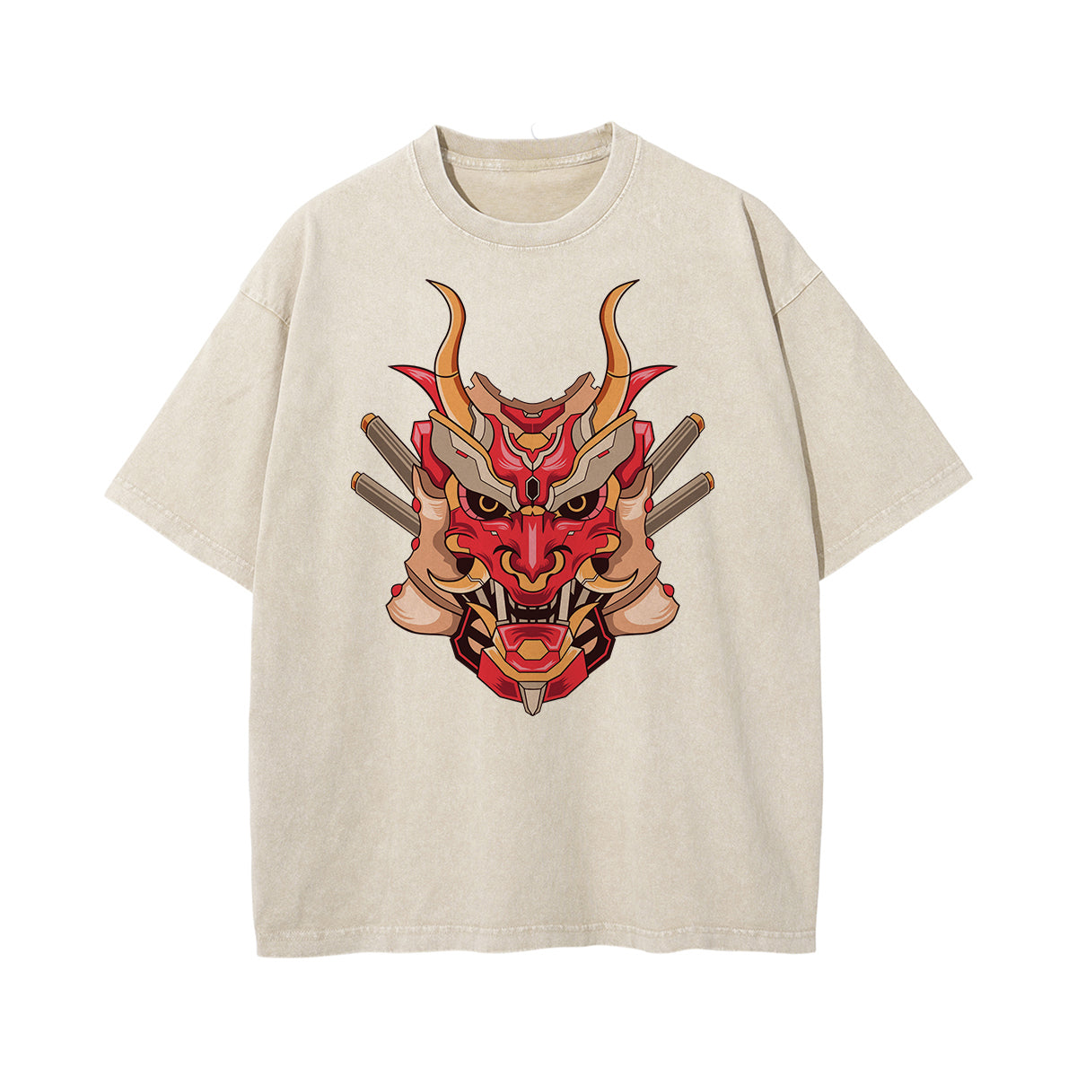 Oni Mask Mecha Washed Graphic Tee-INNBLAC Fashion Apparel