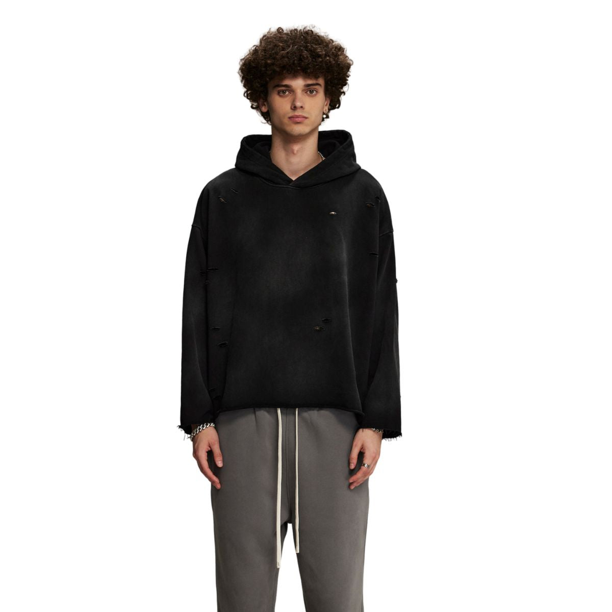Acid Washed Ripped Hoodie Distressed Faded Sweater - INNBLAC
