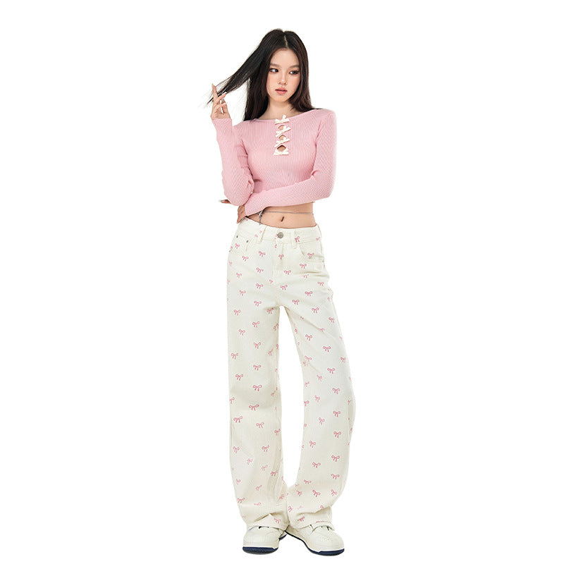 Pink Bows Graphic White Jeans-INNBLAC Fashion Apparel