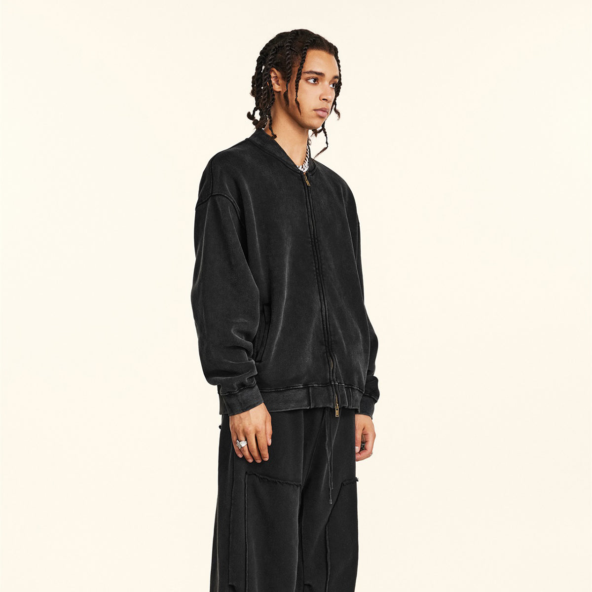 Stand Collar Double Zip Washed Sweatshirt-INNBLAC Fashion Apparel