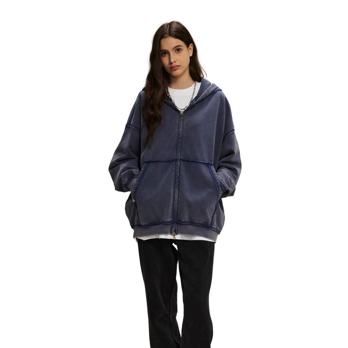 Women's Stone Wash Double Slider Zip Hoodie-INNBLAC Fashion Apparel