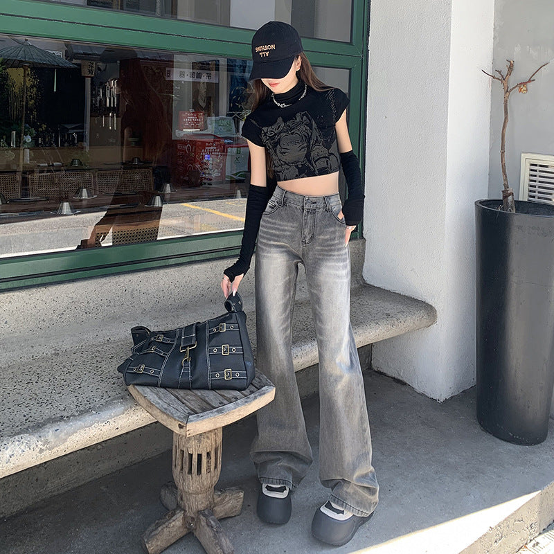 Women's Gray Faded Flare Jeans-INNBLAC Fashion Apparel