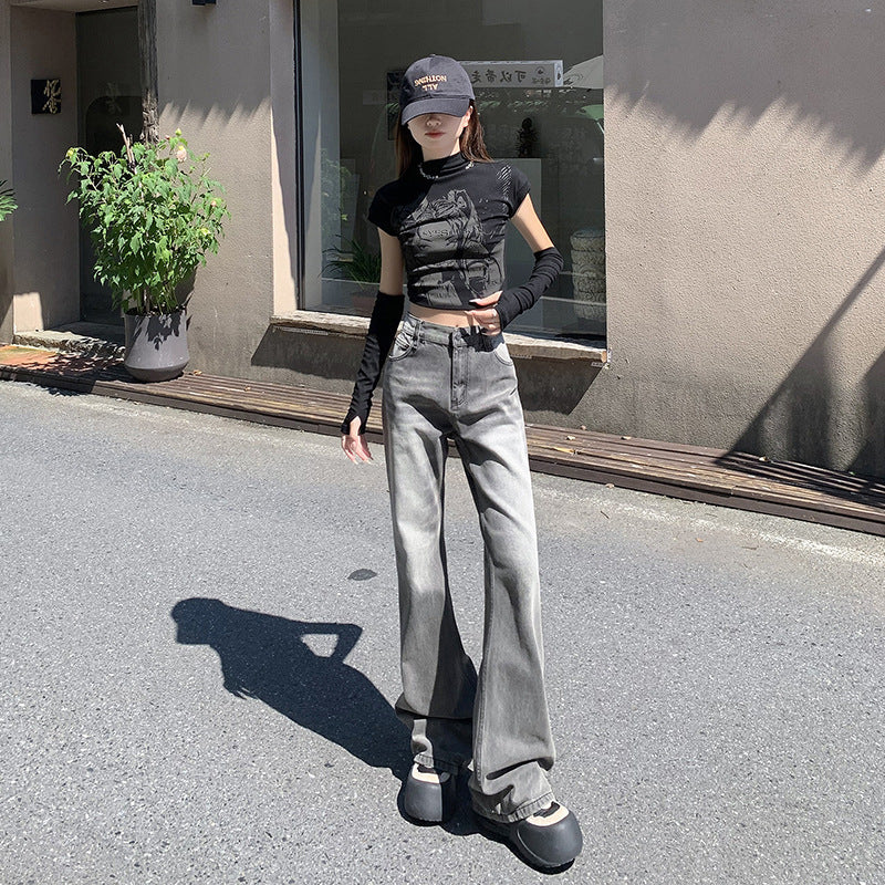 Women's Gray Faded Flare Jeans-INNBLAC Fashion Apparel
