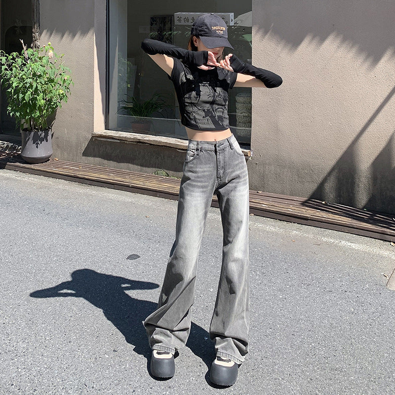 Women's Gray Faded Flare Jeans-INNBLAC Fashion Apparel