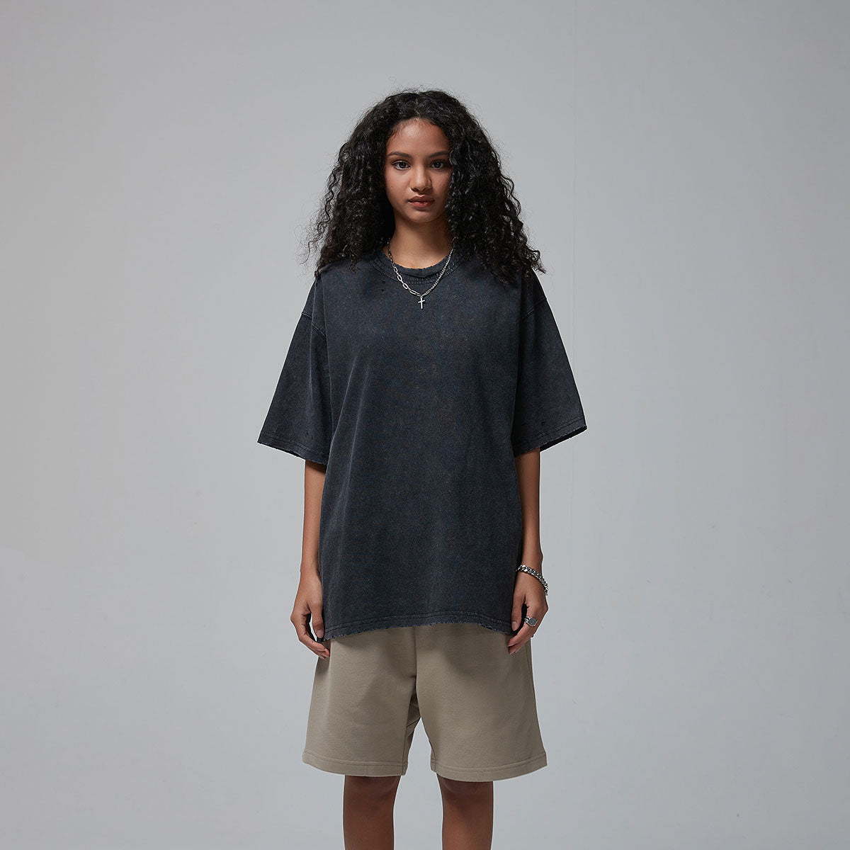 Women's Stone Wash Faded Distressed Tee 7.5oz-INNBLAC Fashion Apparel