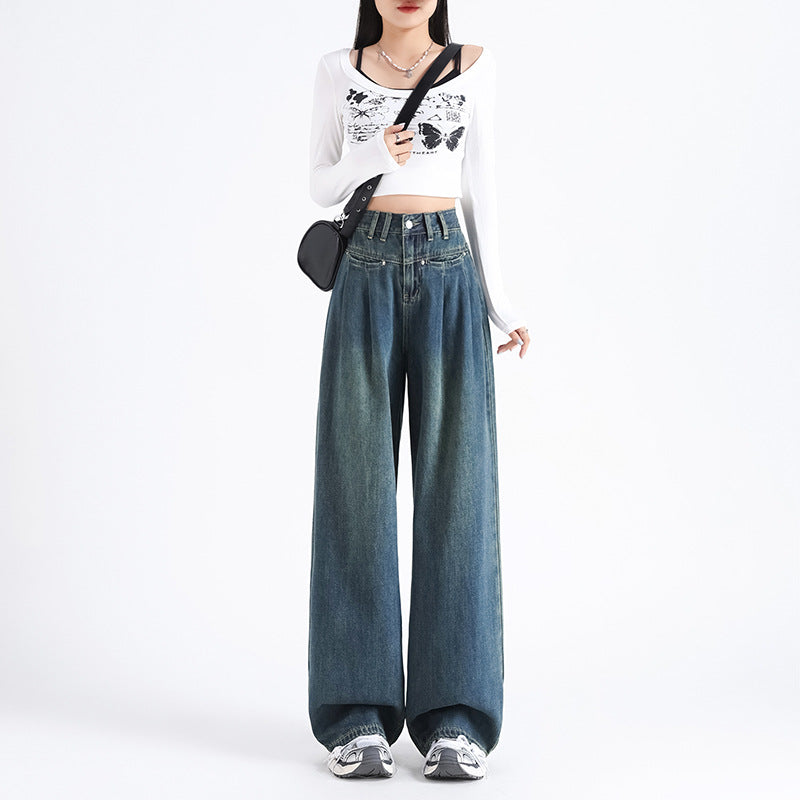 Women's Straight Leg Wrinkle Jeans-INNBLAC Fashion Apparel
