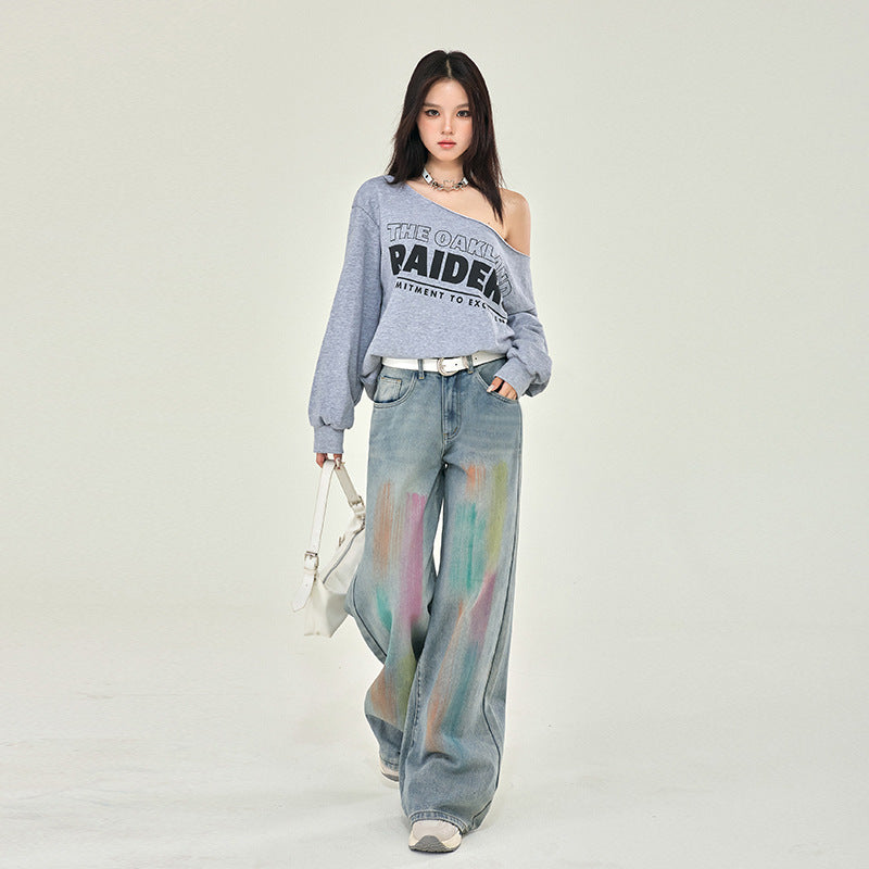 Y2K Brush Print Straight Leg Jeans-INNBLAC Fashion Apparel