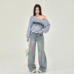 Y2K Brush Print Straight Leg Jeans-INNBLAC Fashion Apparel