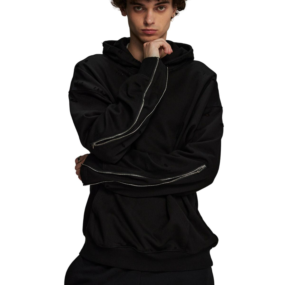 Zip Up Sleeves Destructive Hoodie-INNBLAC Fashion Apparel