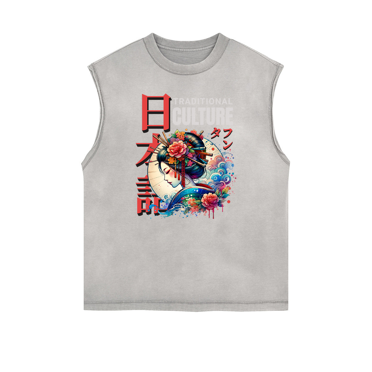 Camiseta sin mangas con gráficos ukiyo japoneses y bordes deshilachados