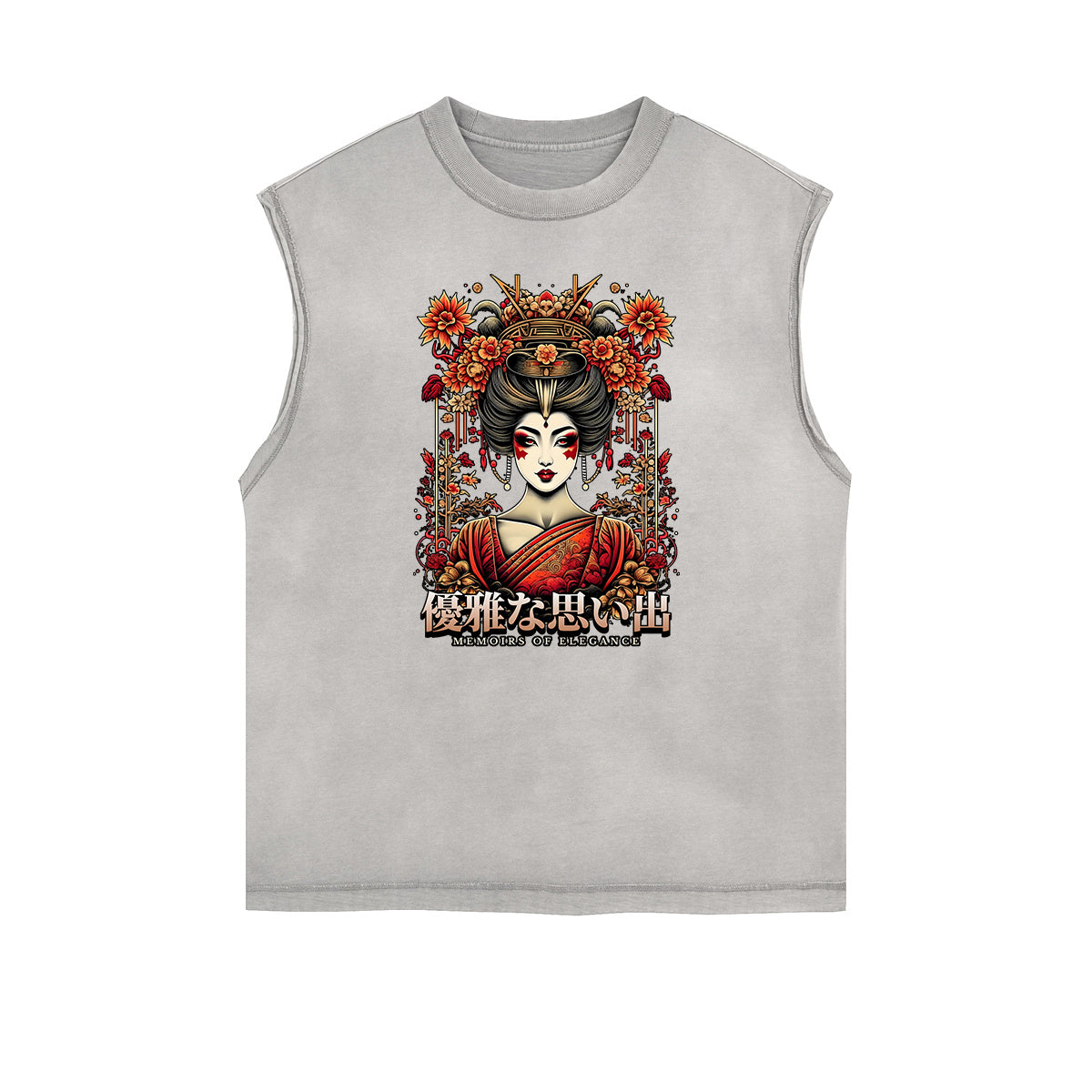 Camiseta sin mangas con gráficos ukiyo japoneses y bordes deshilachados