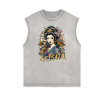 Camiseta sin mangas con gráficos ukiyo japoneses y bordes deshilachados