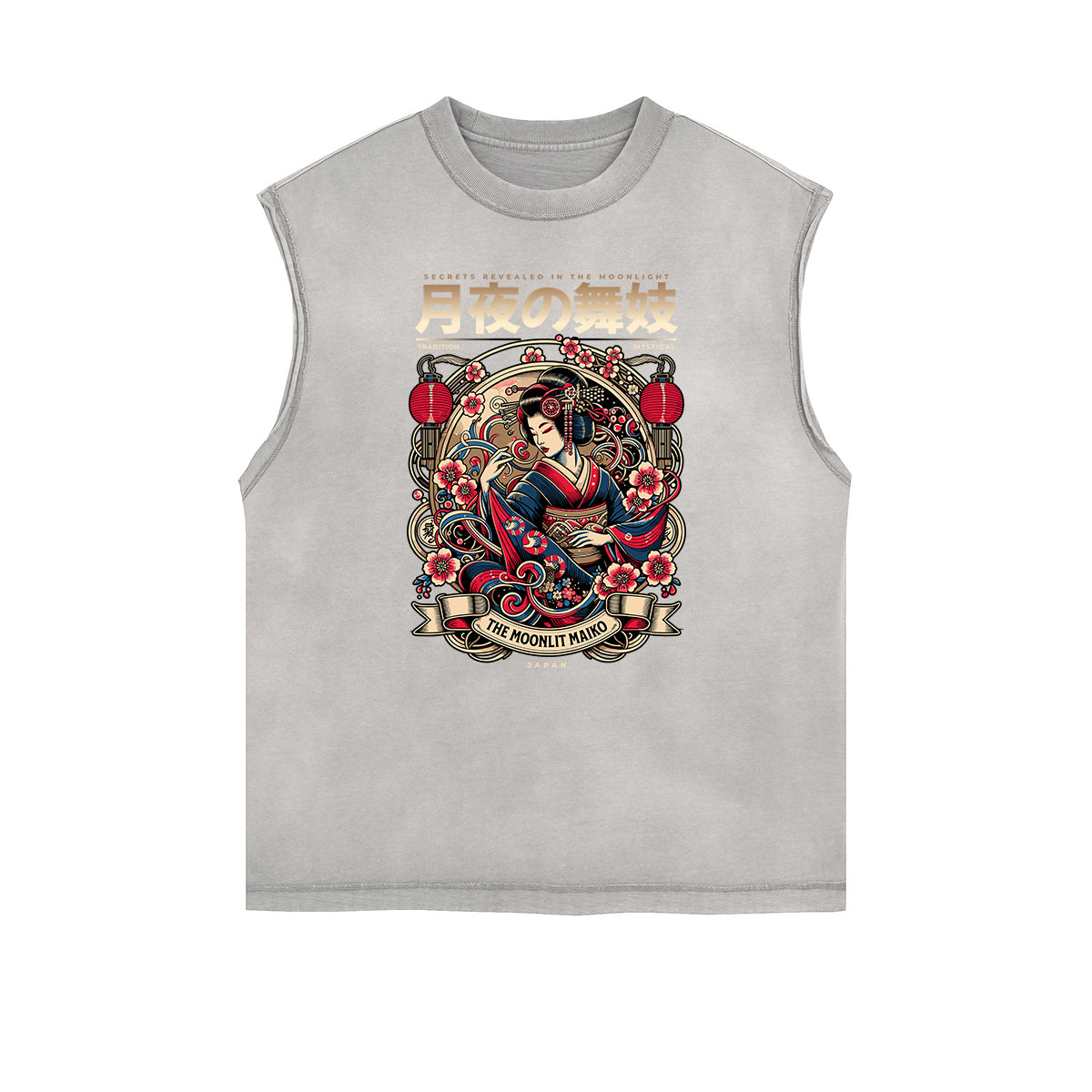 Camiseta sin mangas con gráficos ukiyo japoneses y bordes deshilachados