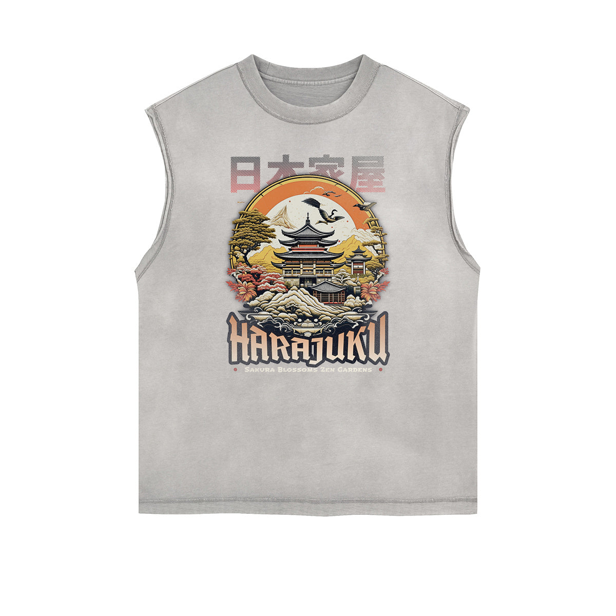 Camiseta sin mangas con gráficos ukiyo japoneses y bordes deshilachados