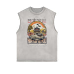 Camiseta sin mangas con gráficos ukiyo japoneses y bordes deshilachados