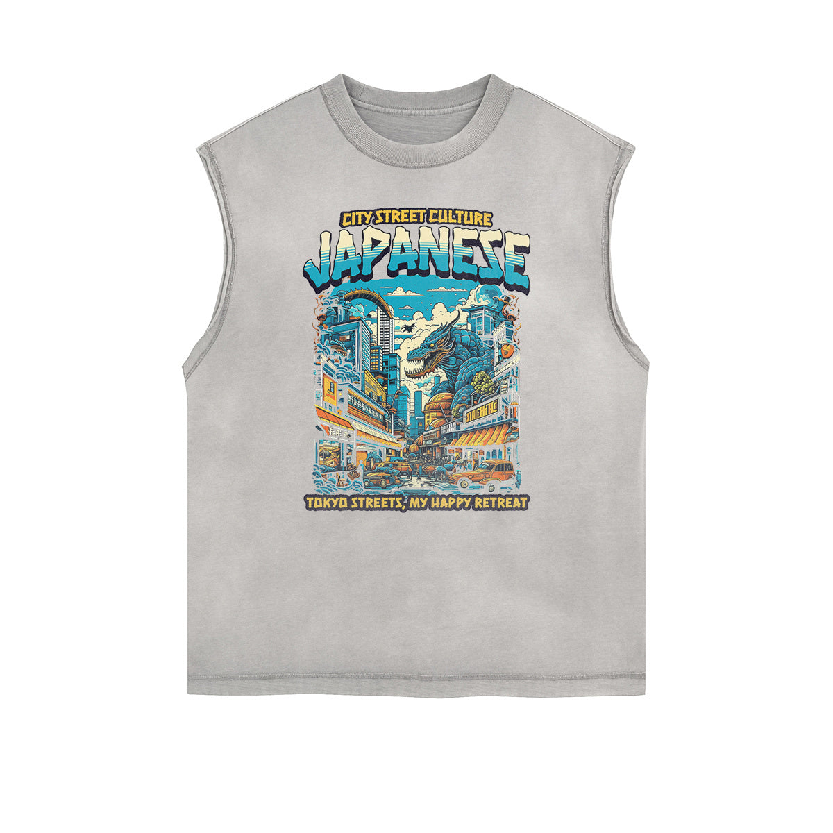 Camiseta sin mangas con gráficos ukiyo japoneses y bordes deshilachados