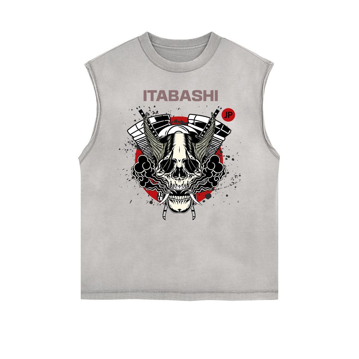 Camiseta sin mangas con gráficos ukiyo japoneses y bordes deshilachados