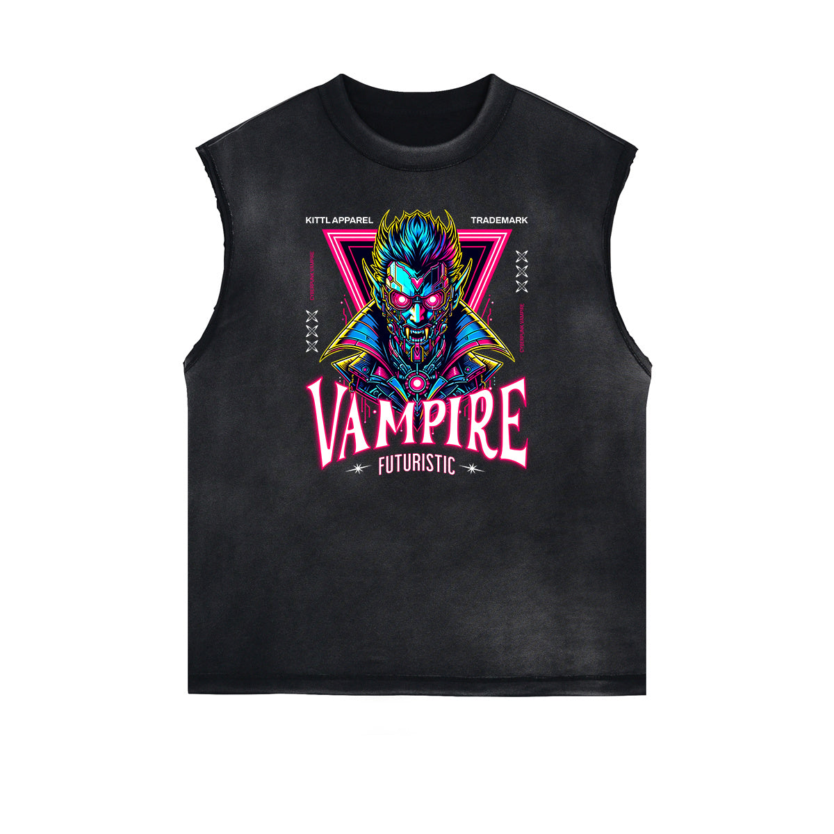 Camiseta sin mangas desgastada con estampado de ciencia ficción y futurismo