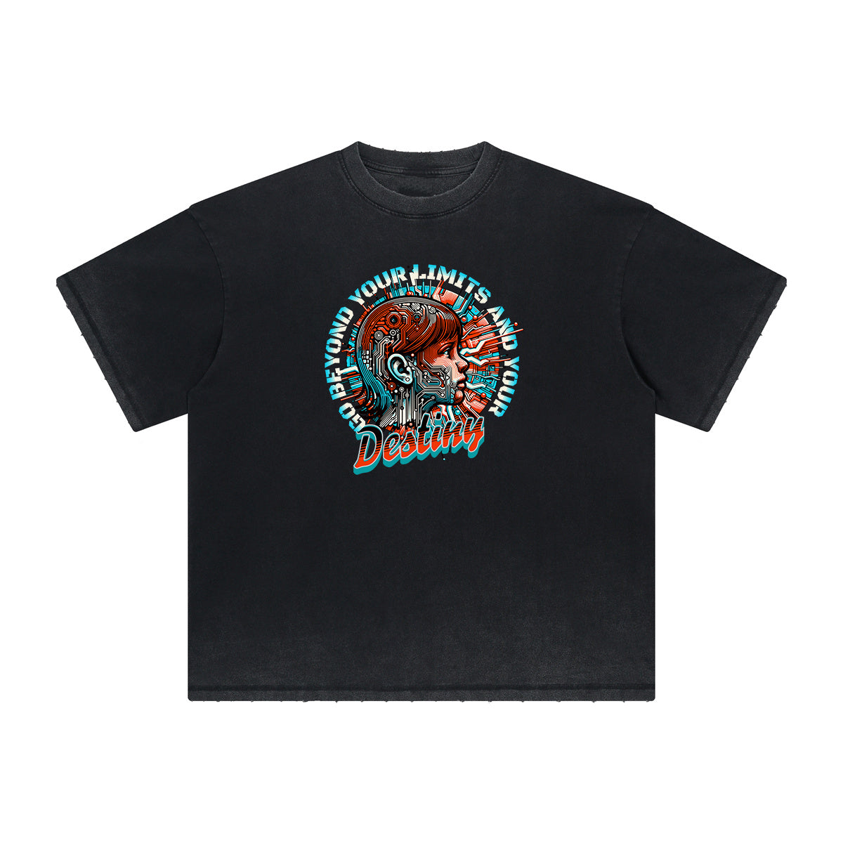 Camiseta vintage deshilachada con estampado de ciencia ficción y futurismo