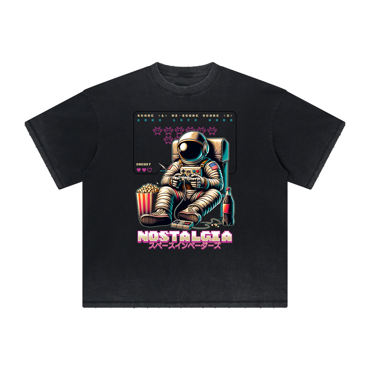 Camiseta vintage deshilachada con estampado de ciencia ficción y futurismo