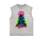 Camiseta sin mangas con gráficos de estilo asiático con bordes deshilachados